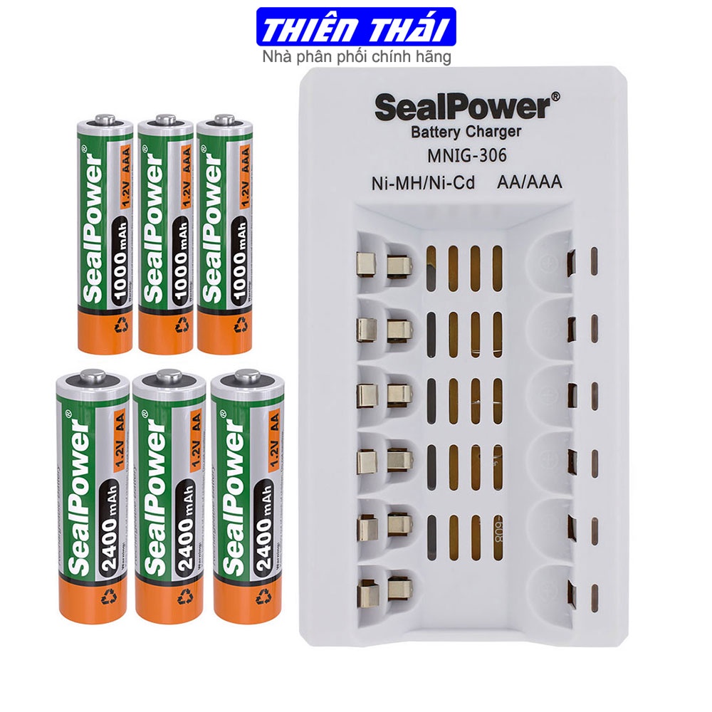 Máy sạc SealPower MNIG-306,sạc thông minh tự ngắt kèm pin sạc AA 2400mAh / AAA 1000mAh,6 kênh độc lập, an toàn, ổn định