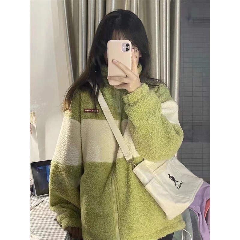 Áo Khoác Lông Cừu Giả Cổ Đứng Phối Màu Tương Phản Phối Khóa Kéo Kiểu Nhật Bản Thời Trang Thu Đông 2022 Cho Nữ