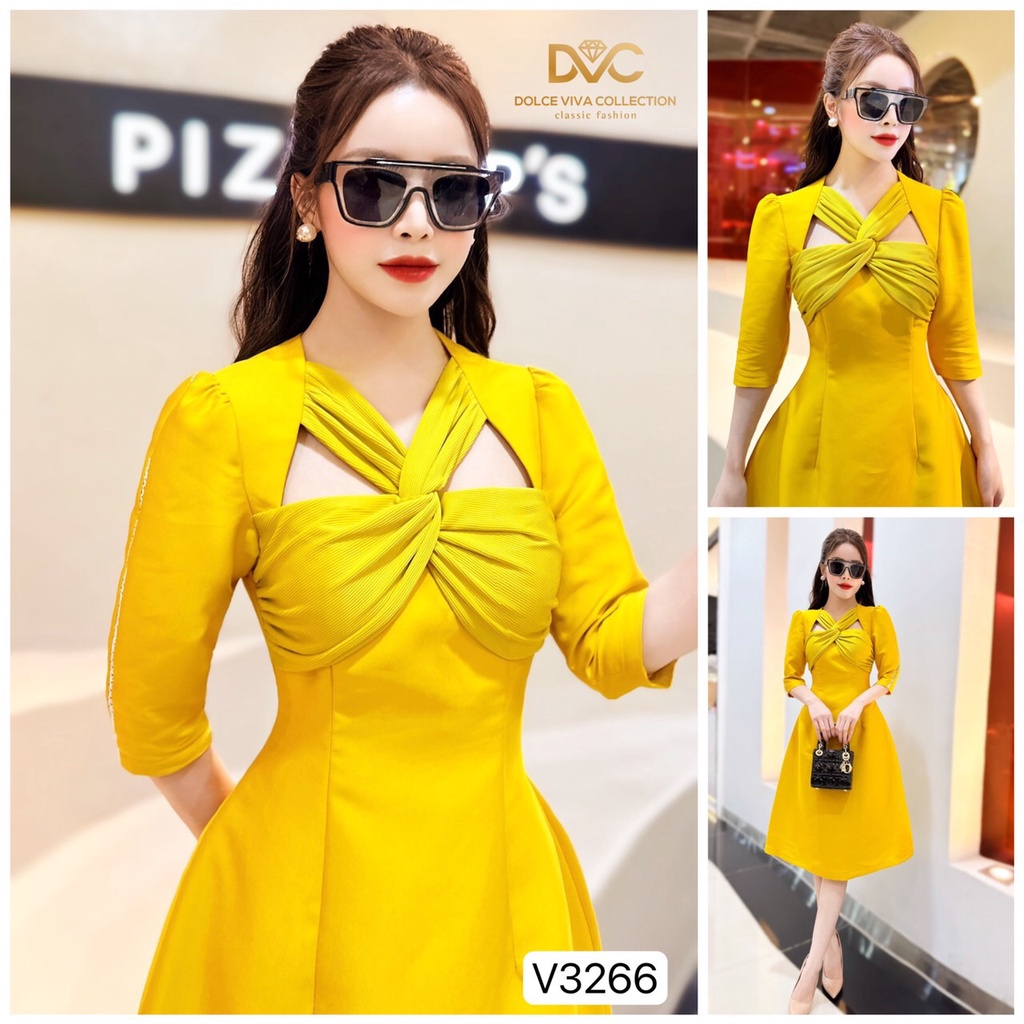 Váy vàng tafta dáng xòe xoắn ngực thiết kế cao cấp V3266- DVC