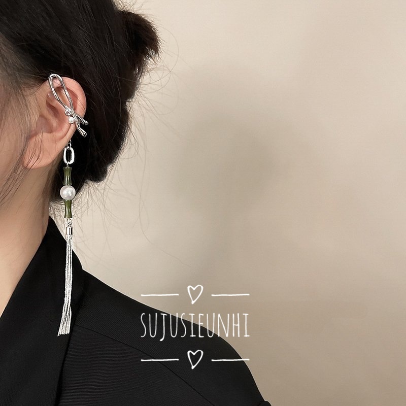 (KHÔNG XỎ) khuyên tai cài vành hình ống tre tua dài cổ phong