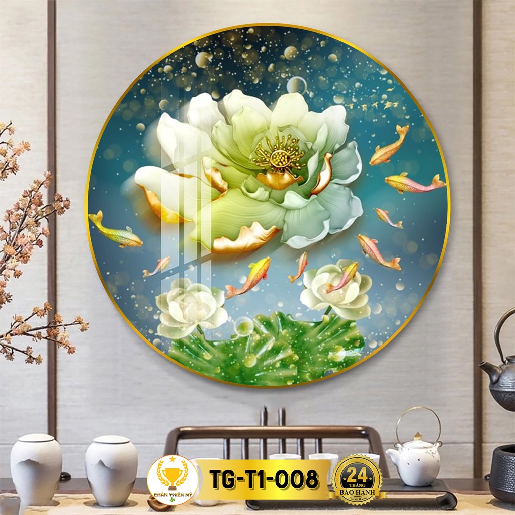 Tranh Tráng Gương Pha Lê Tròn CHÂN THIỆN MỸ, Decor Treo Tường Trang Trí Phòng Hoa Sen Cửu Ngư Quần Hội TG-T1-008