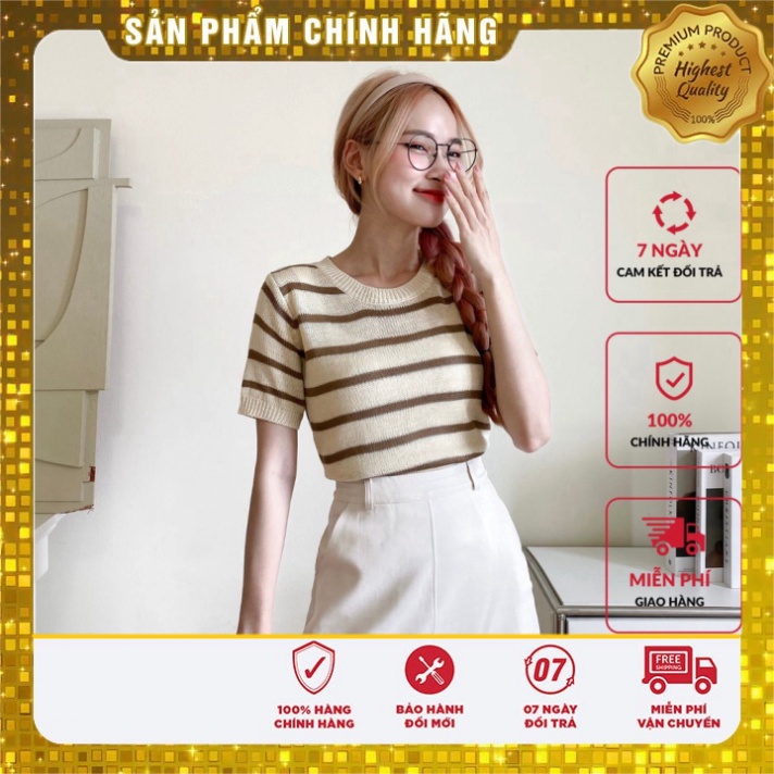 Áo len nữ VMSTYLE tay bó ngắn cổ vo tròn sọc ngang trang điểm thu đông 3101 - ALU00102
