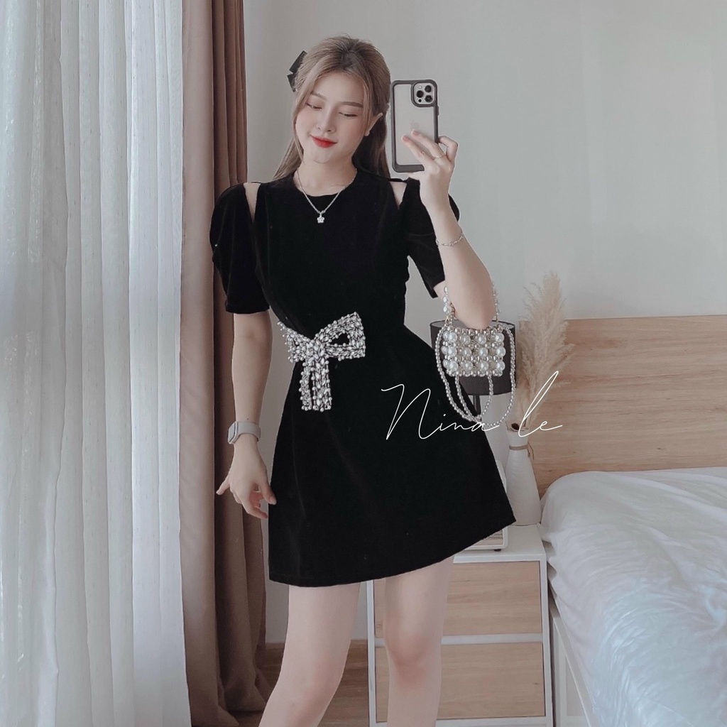 [Sale FreeShip] Đầm nữ dáng ngắn dự tiệc,đầm nhung cứng khoét vai đính nơ kim sa sang chảnh,lên from xinh xĩu