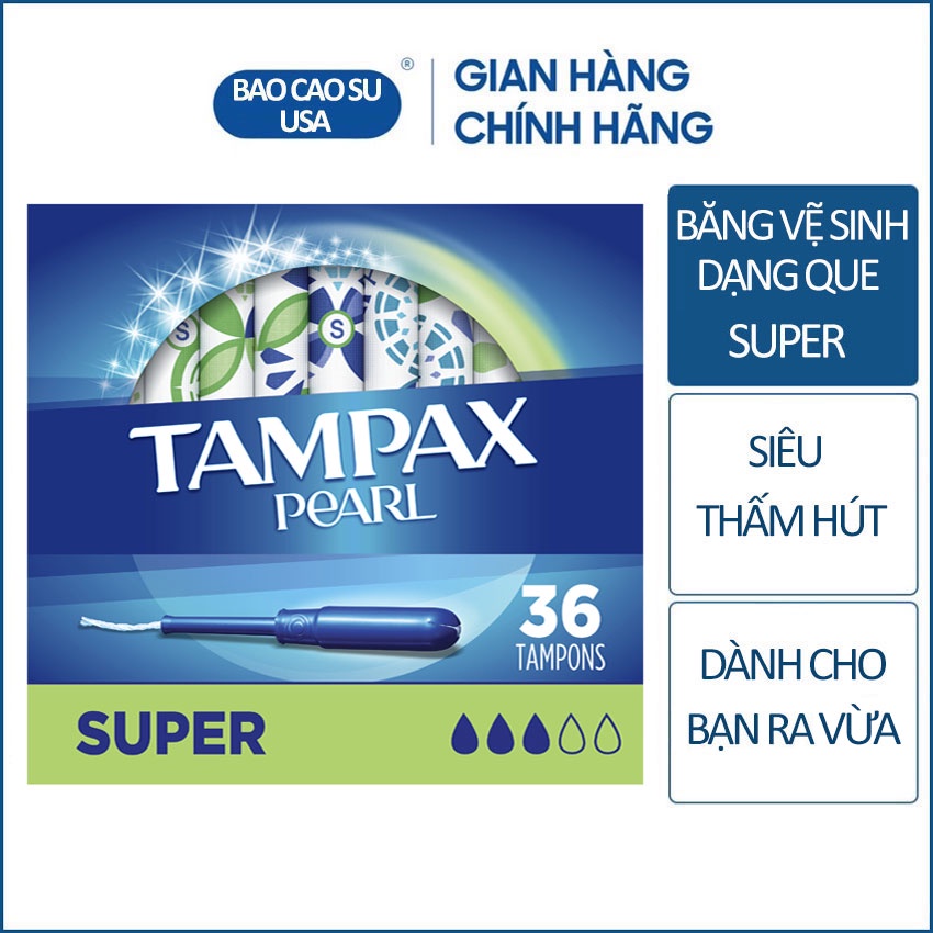 Băng vệ sinh Tampons siêu thấm Tampax Pearl Super 3 giọt Hàng nhập Mỹ, có