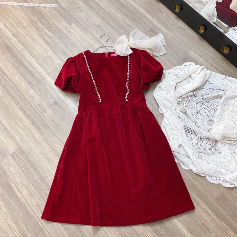 40-85kg bigsize che khuyết điểm - Đầm Váy sau sinh có khoá kéo cho bé ti màu đỏ diện tết & noel đính đá nơ kem