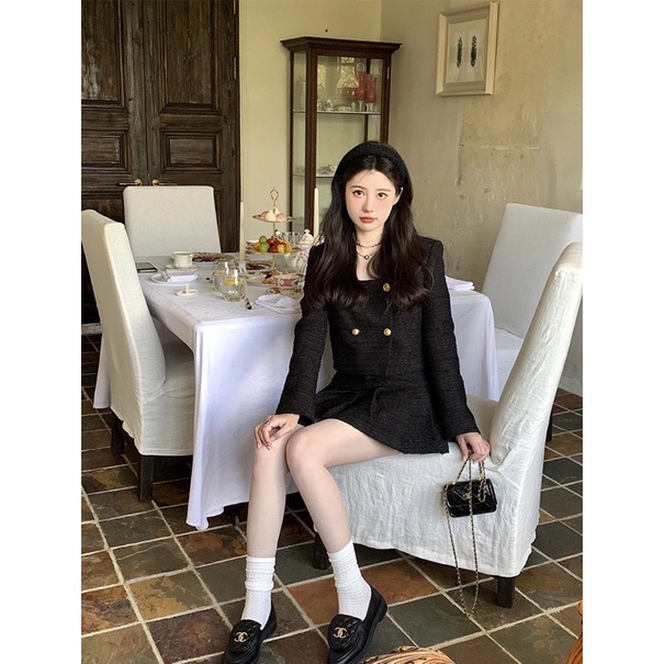 Set áo dạ đen nhũ cổ vuông + chân váy xếp ly khuy vàng siêu xinh⚡  Váy dạ đen hàng 2 lớp dày siêu hot