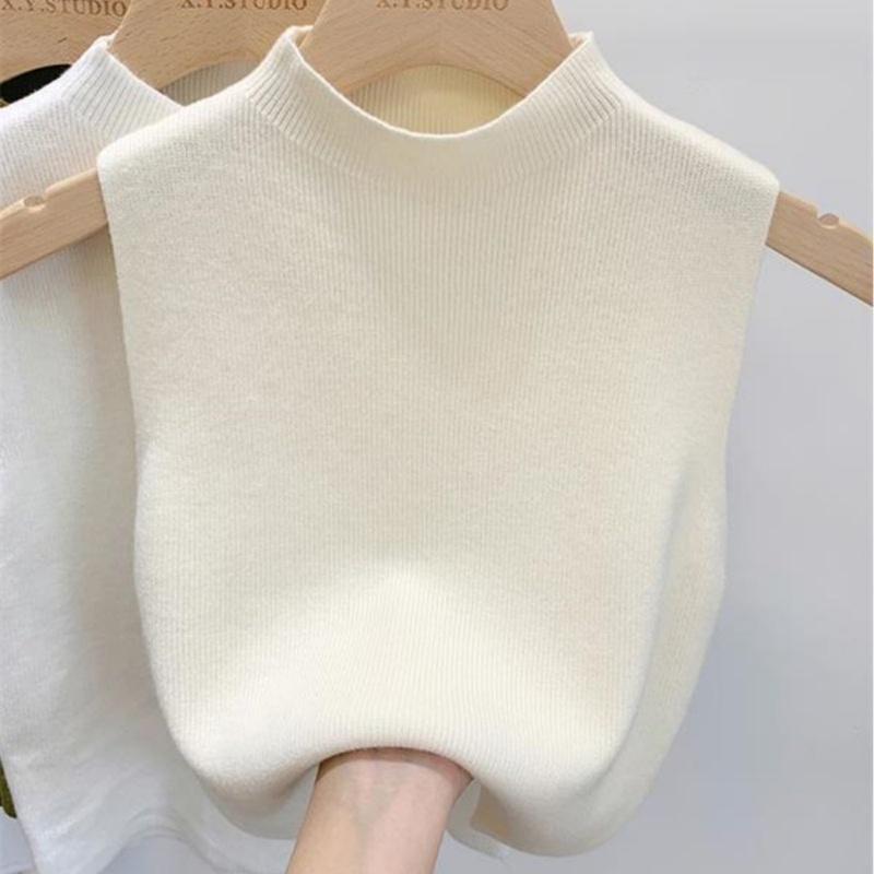 Áo Tank Top Dệt Kim Cổ Lọ Không Tay Màu Sắc Đơn Giản Cho Nữ