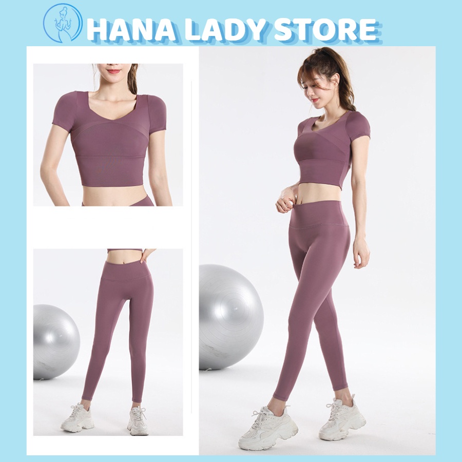 Set đồ tập gym, yoga nữ - áo bra thể thao croptop có tay, quần lưng cao, kèm mút nâng ngực tiền dụng BTG01