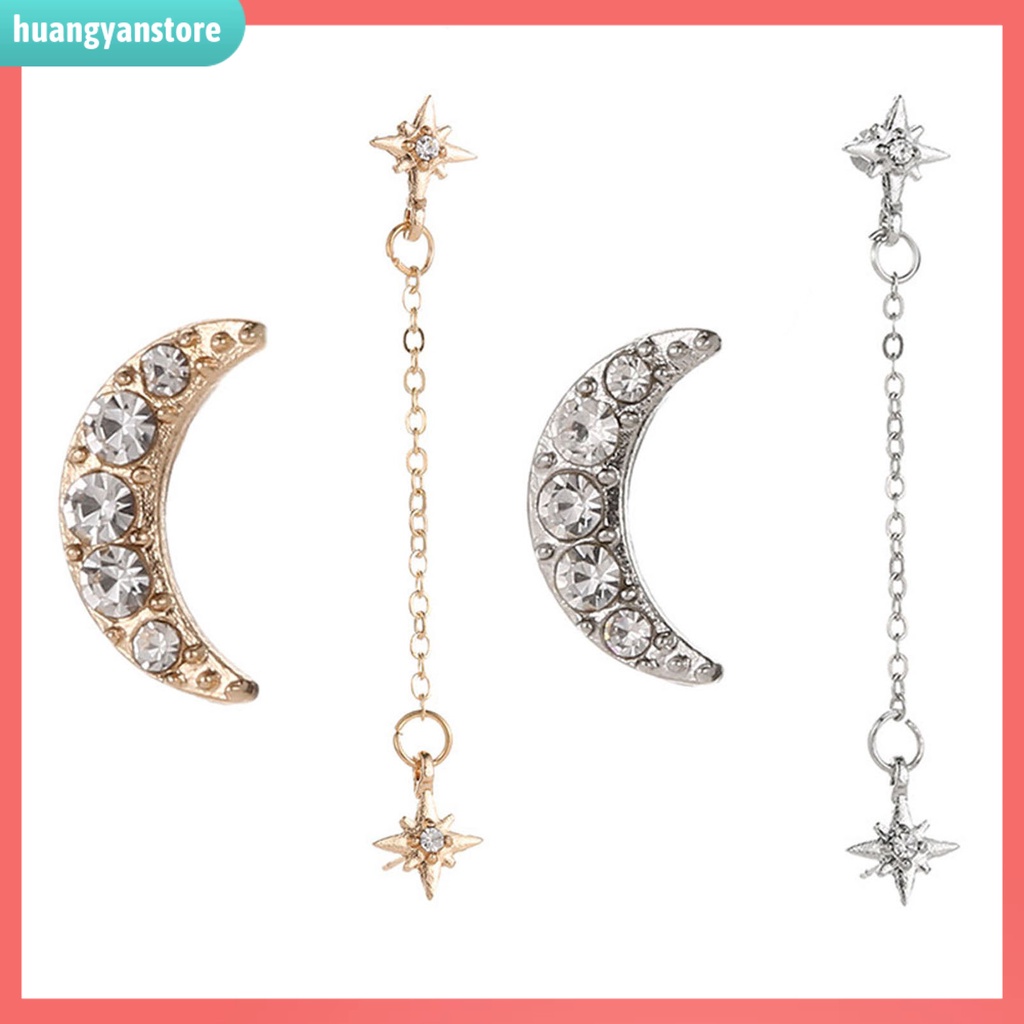 HY/ Bộ 2 Khuyên Tai 3 Lỗ Hình Mặt Trăng Và Ngôi Sao Đính Đá