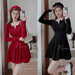 Đầm váy midi nữ cổ sơ mi dài tay chất thun gân