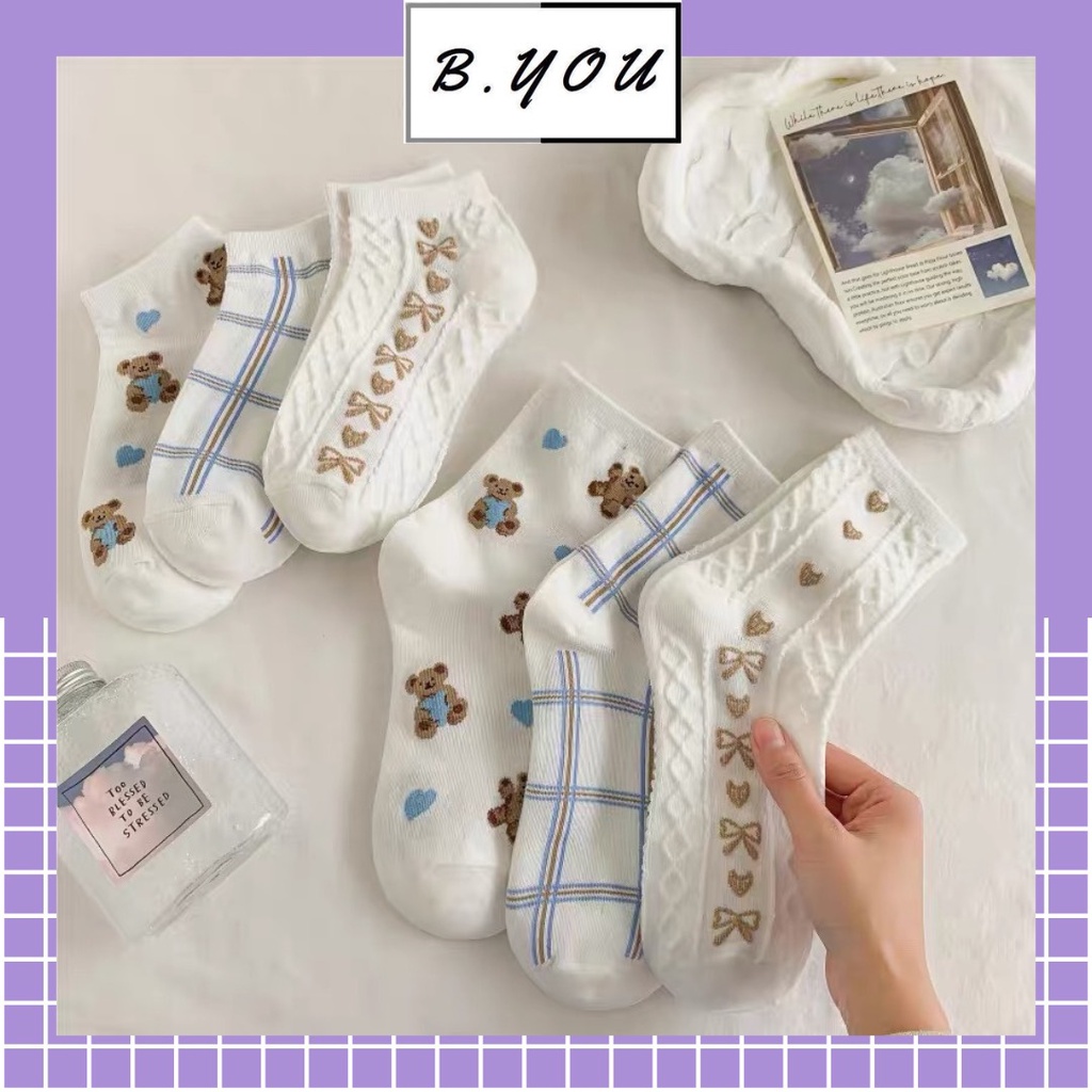 Set 3 đôi tất nữ cổ cao, cổ thấp, họa tiết nơ dễ thương, phong cách hàn quốc, chất liệu thoáng mát, thấm hút mồ hôi