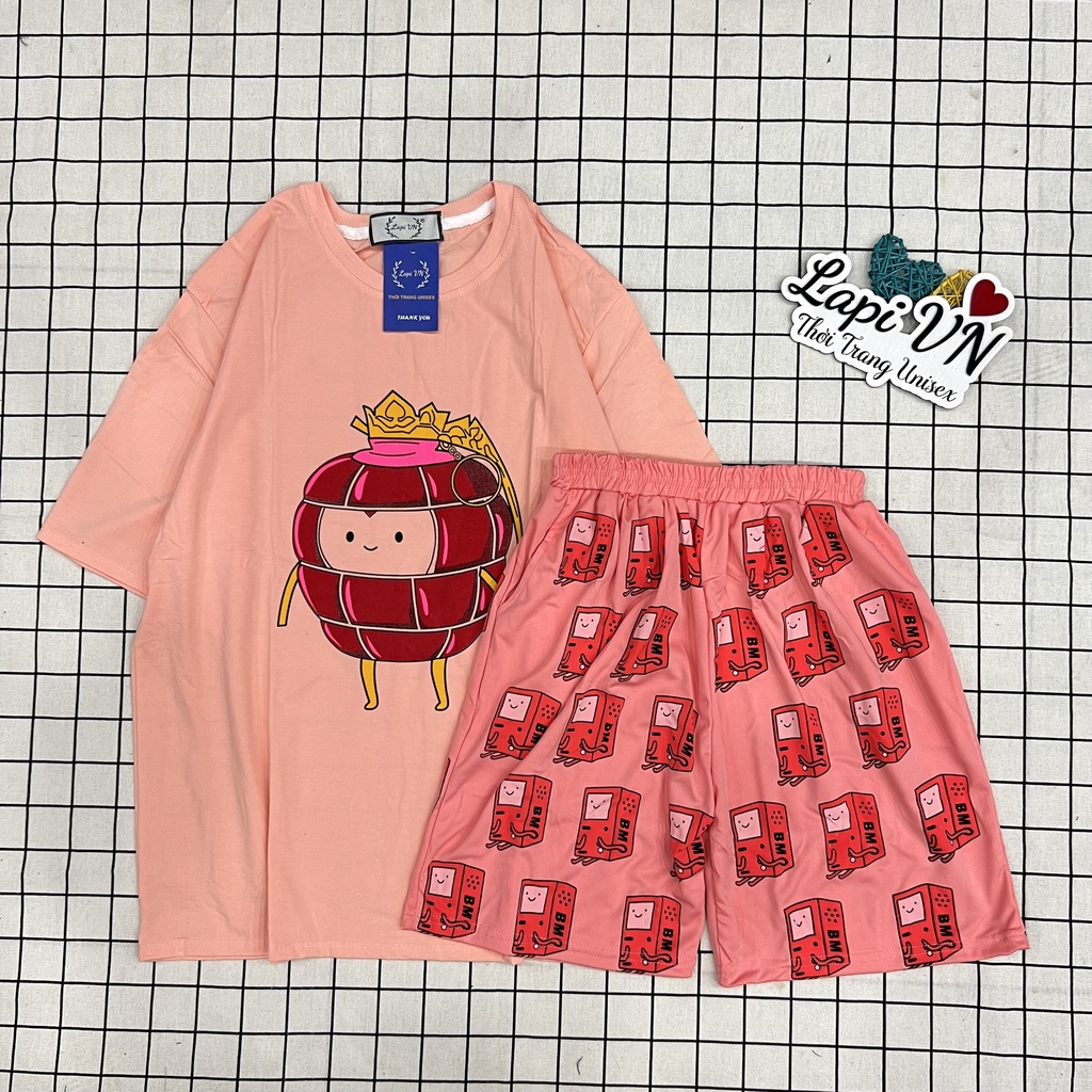Đồ Bộ Mặc Nhà BMO hồng+ Quần Hoạt Hình Form Rộng Unisex Lapi VN, Set Cartoon, Freesize,Thun Cotton, Nam Nữ Đều Mặc Được