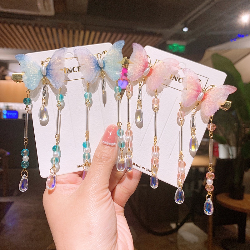 Trâm Cài Tóc Hình Bướm Phối Tua Rua Phong Cách Hán Phục Cổ Điển Cho Bé Gái