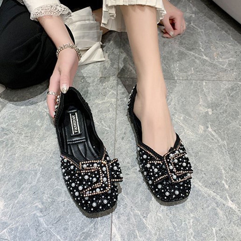 Giày Búp Bê Mũi Vuông Đính Hạt Ngọc Trai Và Đá Thời Trang Hàn Quốc Mới Cho Nữ