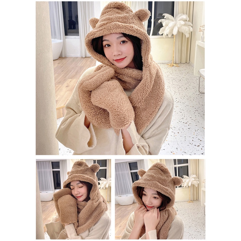 Nón Lông Quai Dài Làm Khăn Cổ Có Túi Giữ Ấm Tay Hình Gấu 3 IN 1 RQN2230