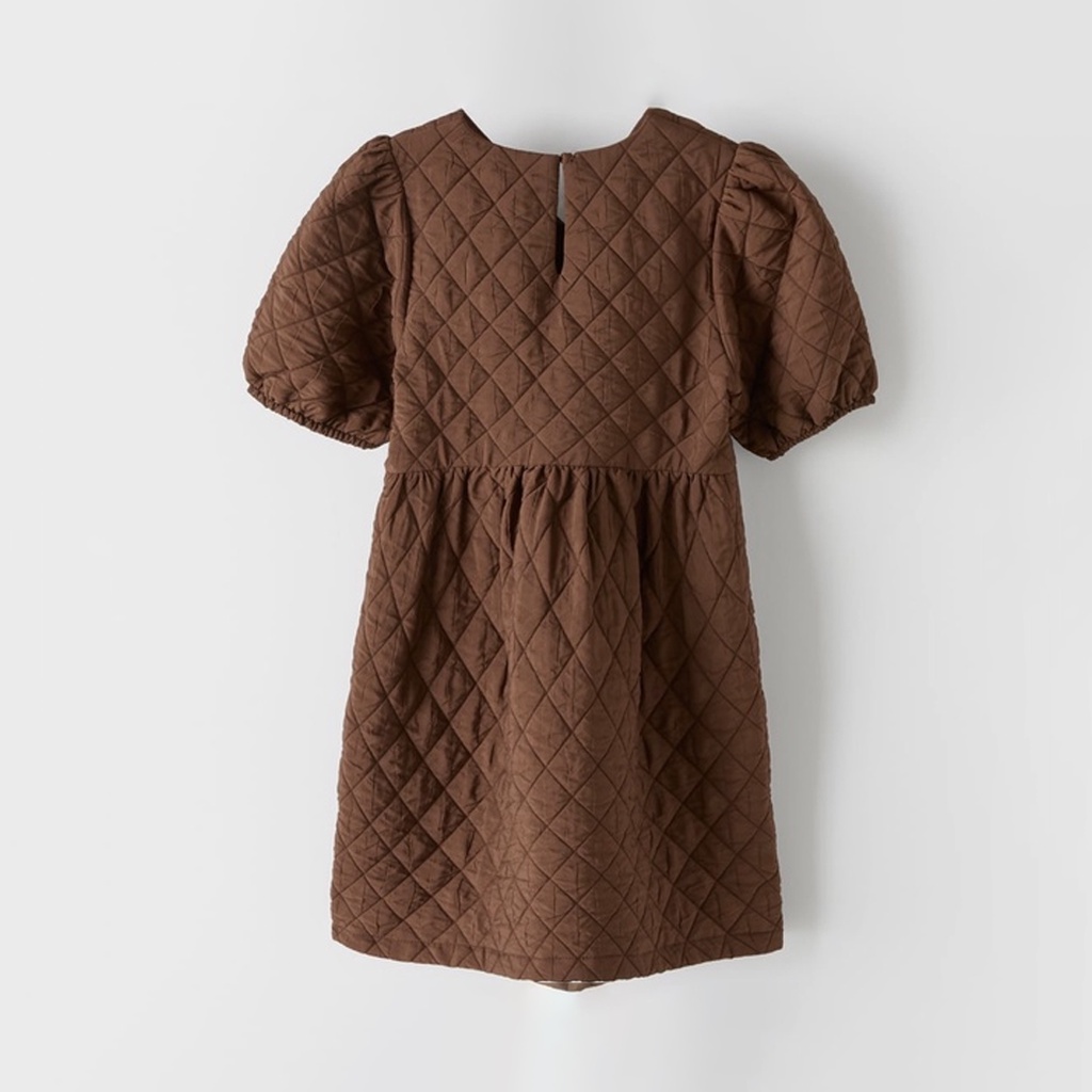 (Bill Zara Đức) Váy dạ Zara dáng babydoll tay ngắn họa tiết quả trám màu nâu Socola Quilted Dress