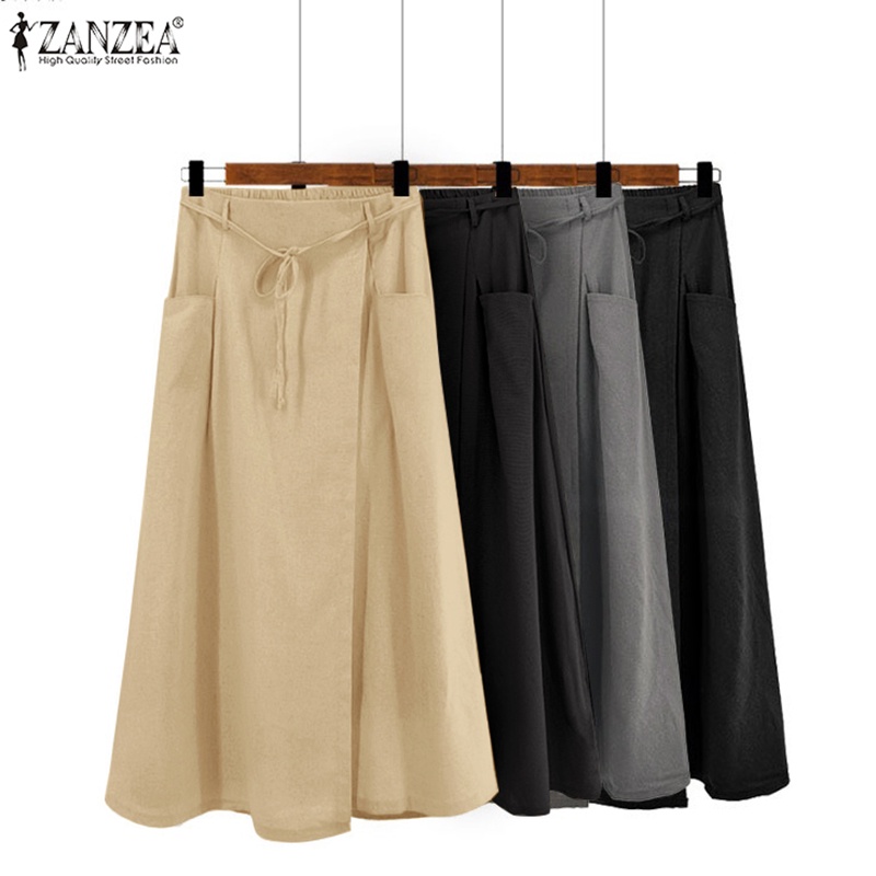 Chân váy chữ A ZANZEA lưng thun có túi màu trơn phong cách vintage cho nữ