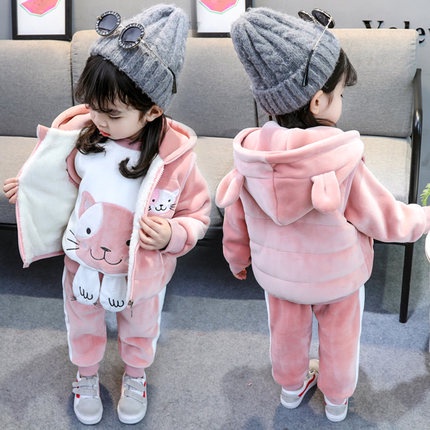 Set 3 Món Bộ Nỉ Bông Cho Bé Dày Dặn Kèm Áo Khoác Gile Cho Bé Mũ Tai Mèo Màu Ghi và Hồng