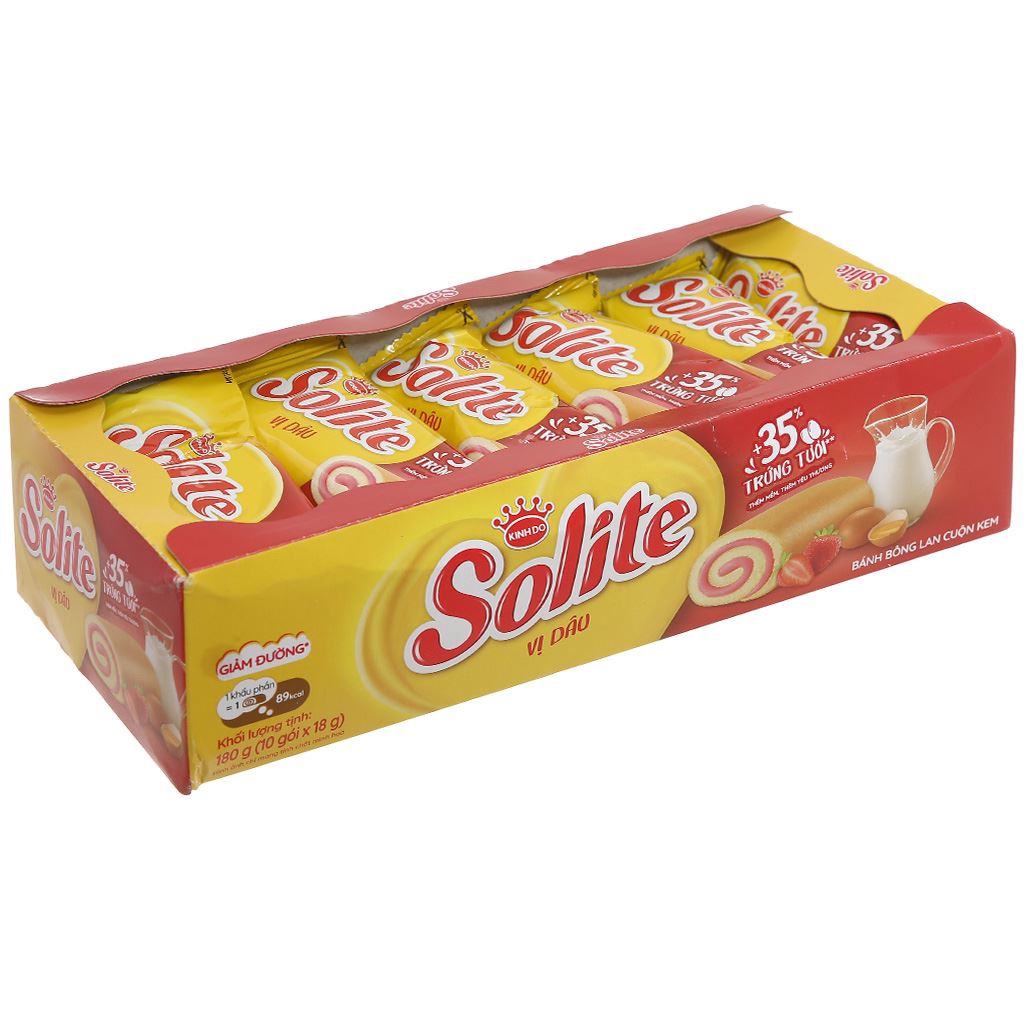 Bánh bông lan cuộn kem vị dâu Solite hộp 180g (10 cái)