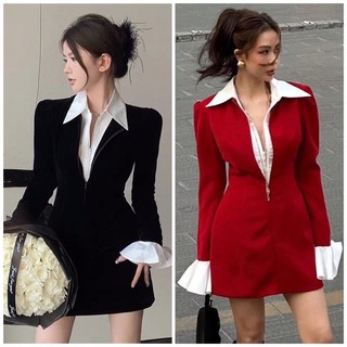 Đầm nhung viền trắng cổ sơ mi