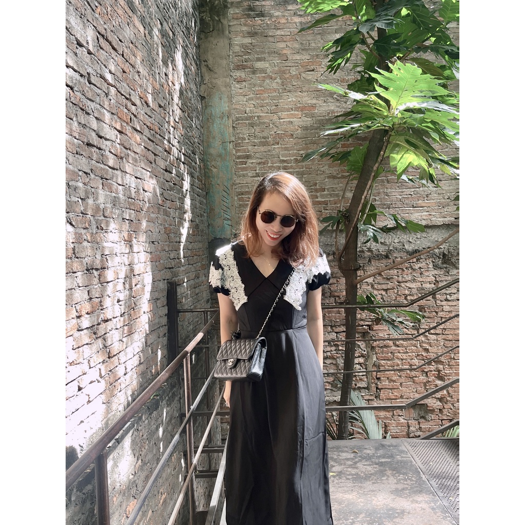 (HÌNH THẬT) Váy dài chít-eo phối ren cao cấp. Đầm dài tôn dáng, cổ V và hở lưng cách điệu