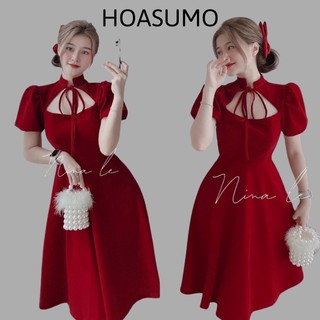 Đầm váy nữ tay phồng dáng xòe thanh lịch họa tiết khoét ngực cột dây quý phái phối nhung mềm mịn sang trọng dự tiệc
