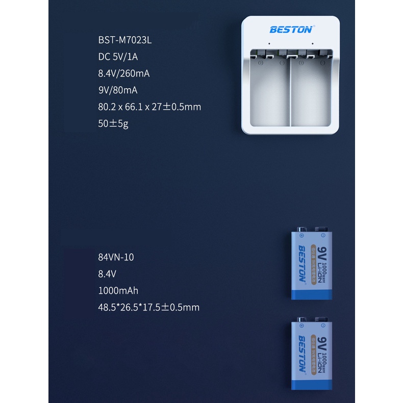 Bộ pin sạc 9V Beston M7023 Ni-MH/Lithium dùng cho micro karaoke, đồng hồ đo điện, đồ chơi, đèn pin