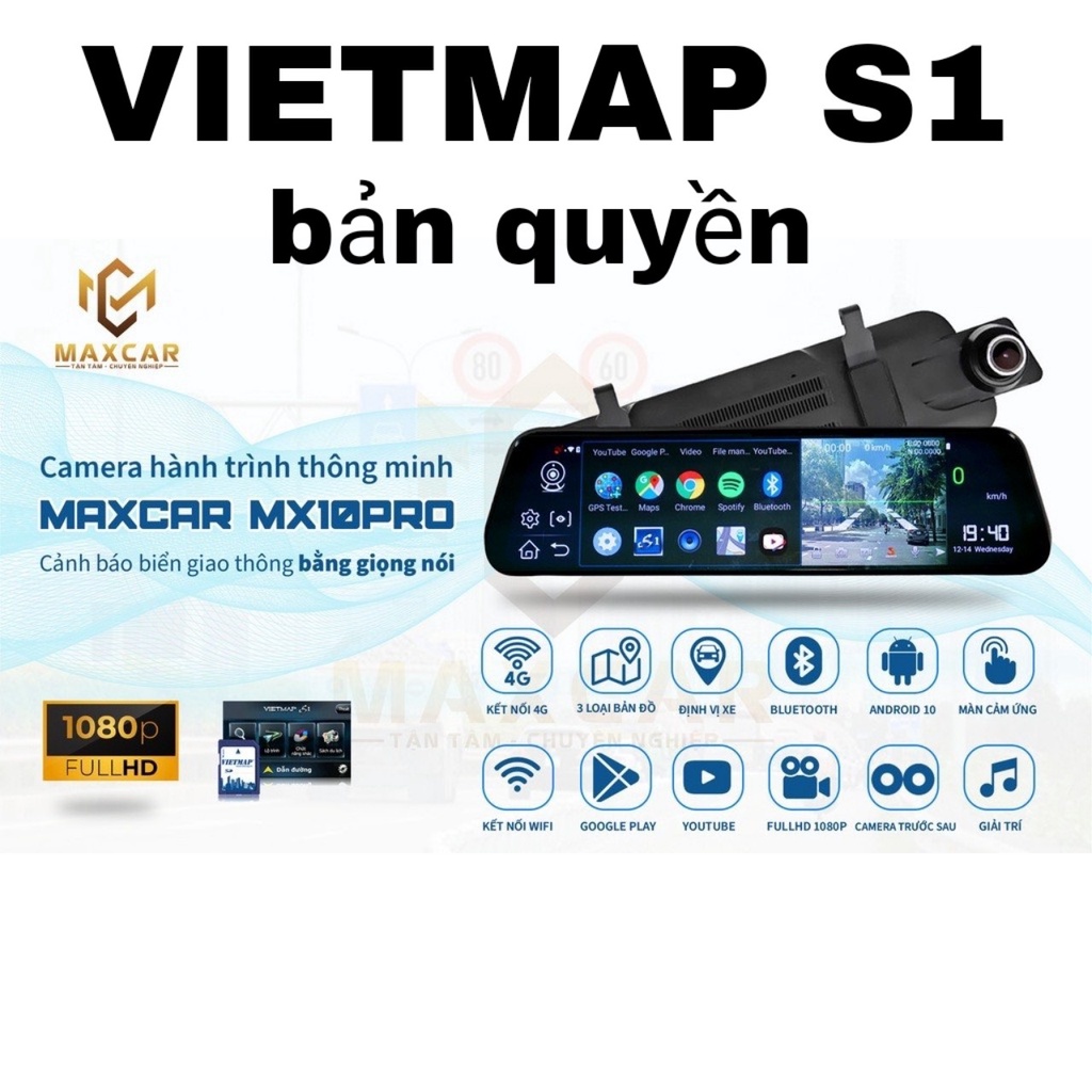 CAMERA HÀNH TRÌNH GƯƠNG MX10 PRO CẢNH BÁO DẪN ĐƯỜNG VIETMAP S1 chính hãng  MAXCAR