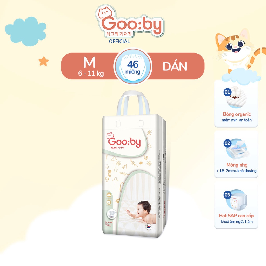 Tã/bỉm dán Gooby mềm mại, an toàn, siêu thấm hút size NB/S/M cho bé từ 4kg - 14kg