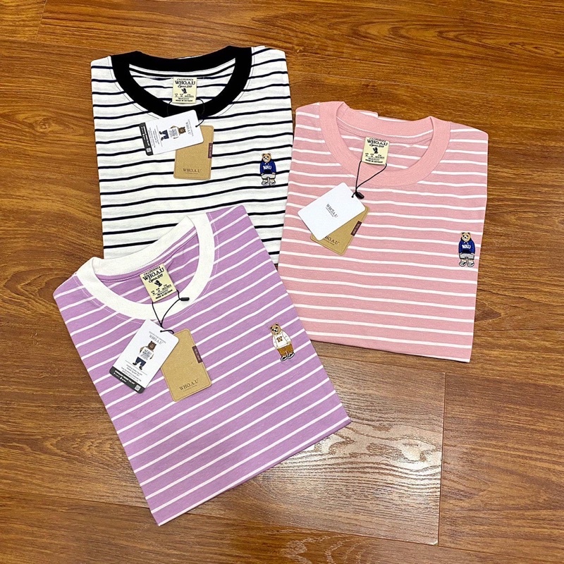 Áo thun sọc thêu logo gấu Whoau xuất Hàn