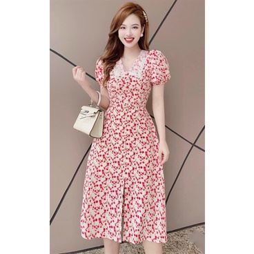 (Miễn Phí Ship) Đầm hoa nhí dáng xòe xẻ tà trước,đầm nữ tay phồng cổ phối lưới xinh xĩu,chất lụa mềm mát