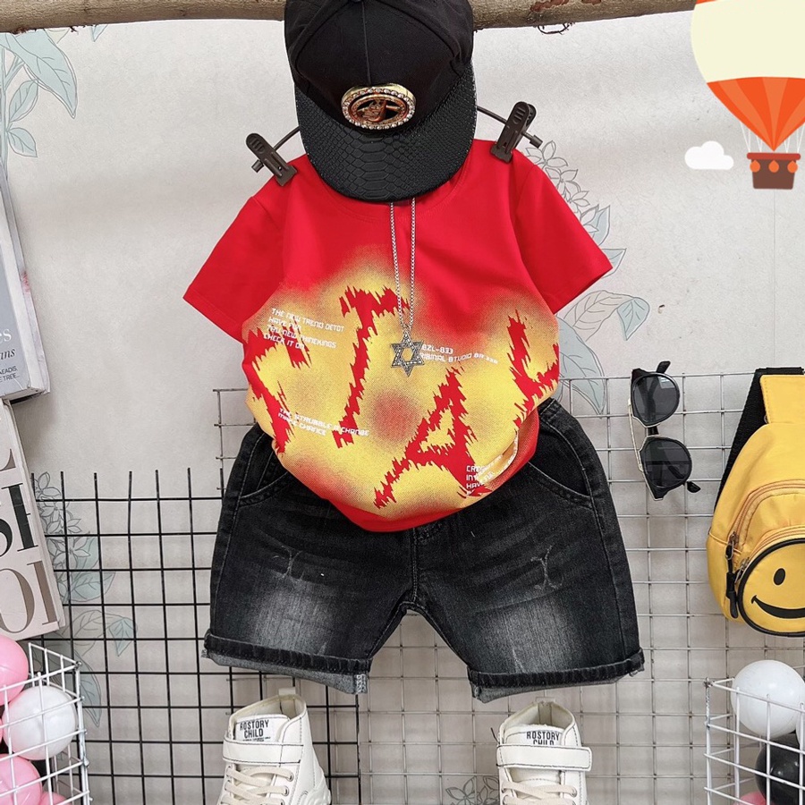 Đồ bộ bé trai, bộ jean loang chữ Stay sành điệu cho bé trai từ 10 đến 55 kg