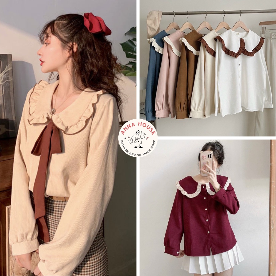 Áo sơ mi nữ dài tay bồng nhung tăm cổ buộc nơ phối viền bèo babydoll, Áo sơ mi nữ dài tay cổ bèo phối nơ chất dày dặn