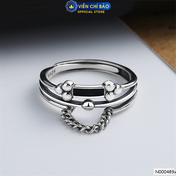 Nhẫn xích đá đen vuông - new chất liệu bạc Thái 925 thời trang phụ kiện trang sức nữ Viễn Chí Bảo N000489x
