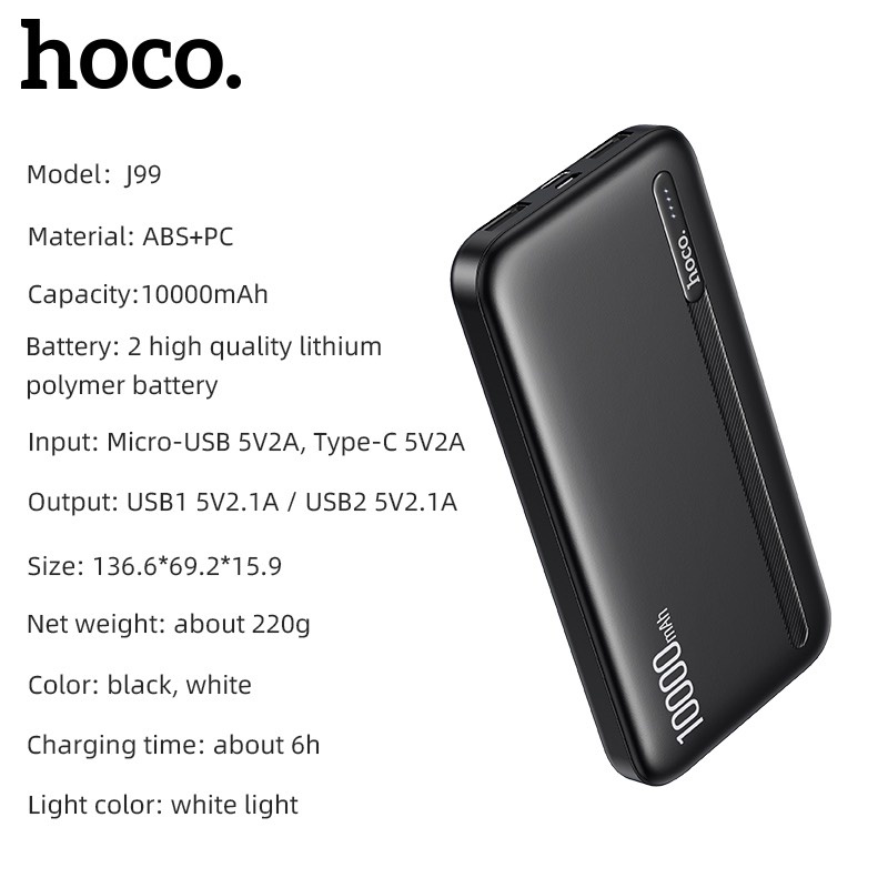 Pin sạc dự phòng Hoco J99 10000mAh Input typeC và microUSB, Output max 2.1A - Hãng phân phối