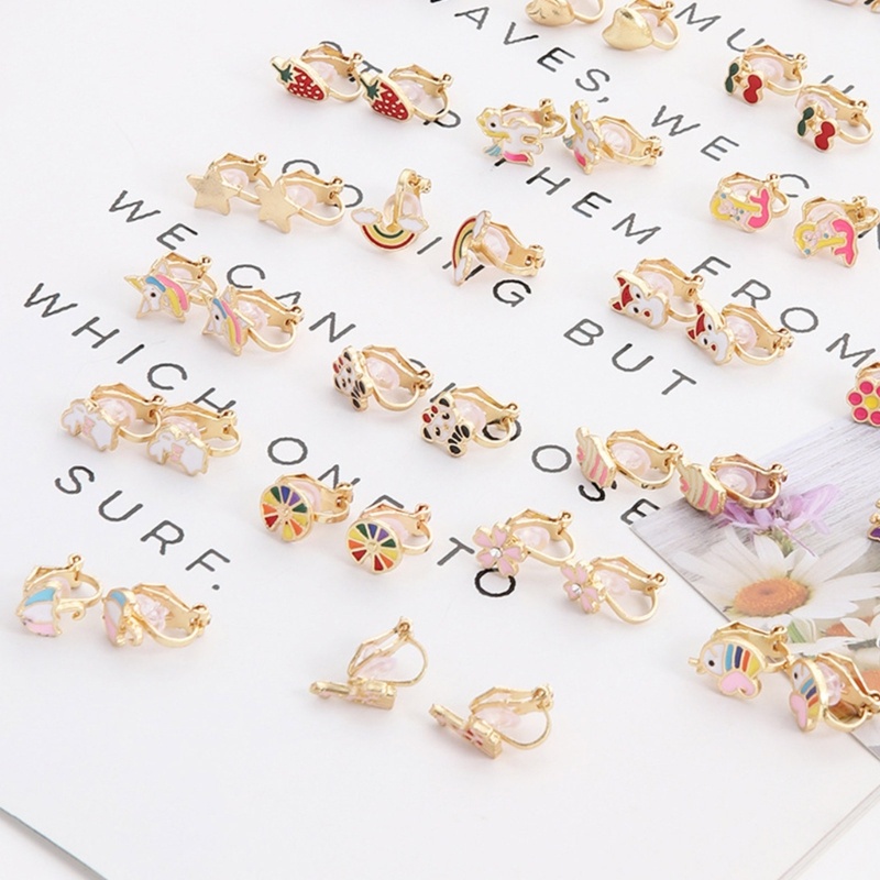 Set 28 Cặp Bông Tai Dạng Kẹp Không Gây Đau Nhiều Màu Sắc Họa Tiết Động Vật Hoa Trái Tim Động Vật Trái Tim Dễ Thương