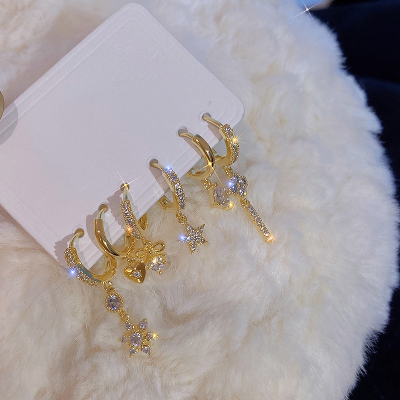 Bộ Khuyên Tai Mặt Trăng Và Ngôi Sao Bằng Đồng Đính Đá Zircon Thời Trang Hàn Quốc Cho Nữ