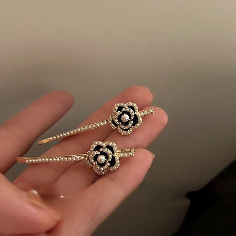 Kẹp Tóc Hình Hoa Trà Đen Đính Ngọc Trai Đơn Giản Phong Cách Hàn Quốc JP5