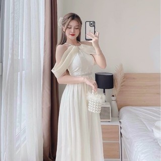 Đầm thời trang nữ mặc đi chơi chất vải Voan phối dây cườm cổ cườm eo,