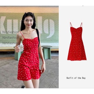 / ORDER - kèm ảnh thật / Váy hai dây màu đỏ hoa nhí kiểu dáng Hàn Quốc xinh xắn
