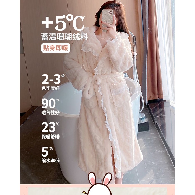 Áo Choàng Tắm Dài Qua Gối Bằng Lông Cừu San Hô Dày Dặn Thời Trang Thu Đông Cho Nữ