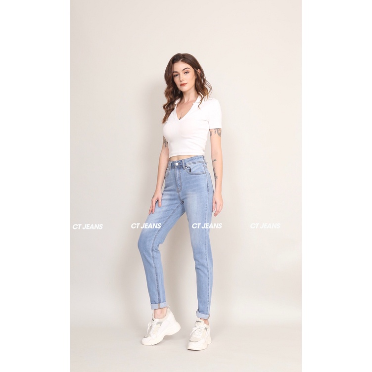 Quần baggy jean nữ trơn lưng cao chất vải bò co giãn thoáng khí CP38, CT JEANS