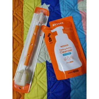 Combo 3 món Wesser Nước rửa bình sữa bịch 500ml + Cọ 2 đầu wesser + Sữa tắm wesser 500ml