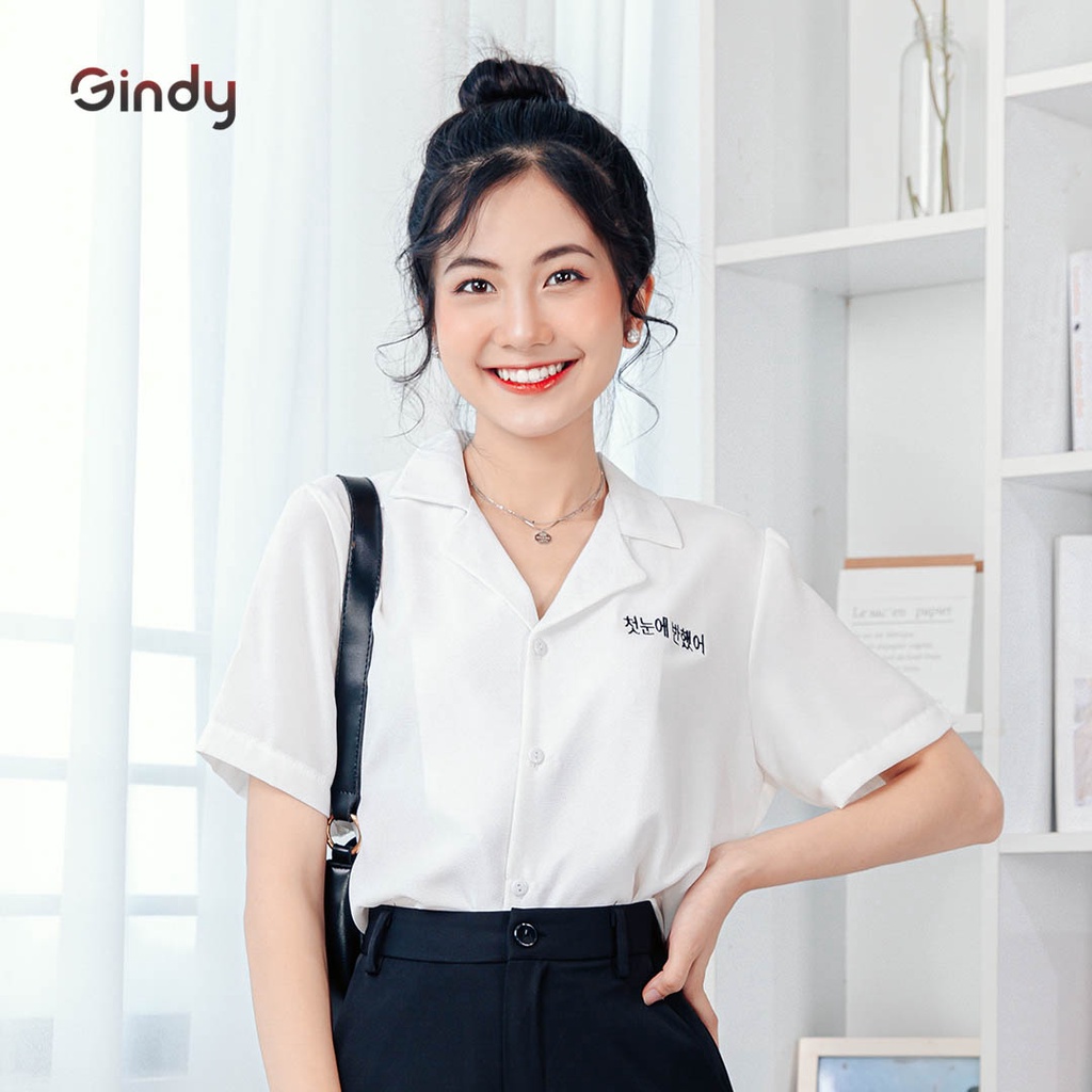 Áo sơ mi nữ tay ngắn GINDY cổ vest thêu chữ dáng basic trơn thời trang sơmi công sở, sơmi học sinh A029