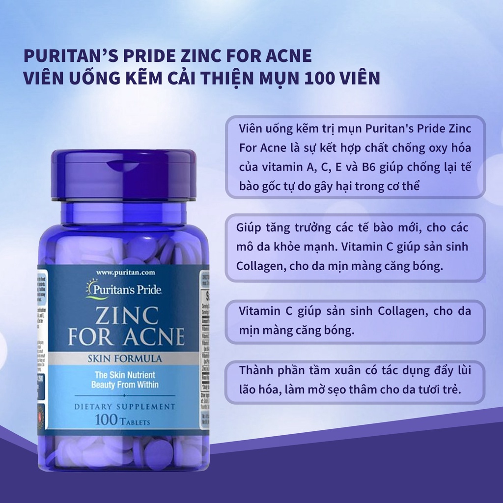Viên uống giảm mụn nội tiết, mụn đầu đen Puritan's Pride Zinc For Acne của Mỹ bổ sung ZinC, Vitamin C hộp 100 viên