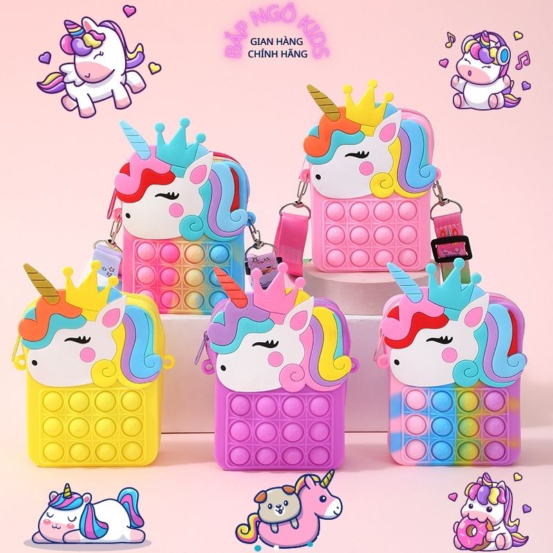 Túi pop it, túi đeo chéo đựng lì xì Tết cho bé hình kỳ lân unicorn ngựa pony silicon mềm bóp bong bóng Bắp Ngô Kids