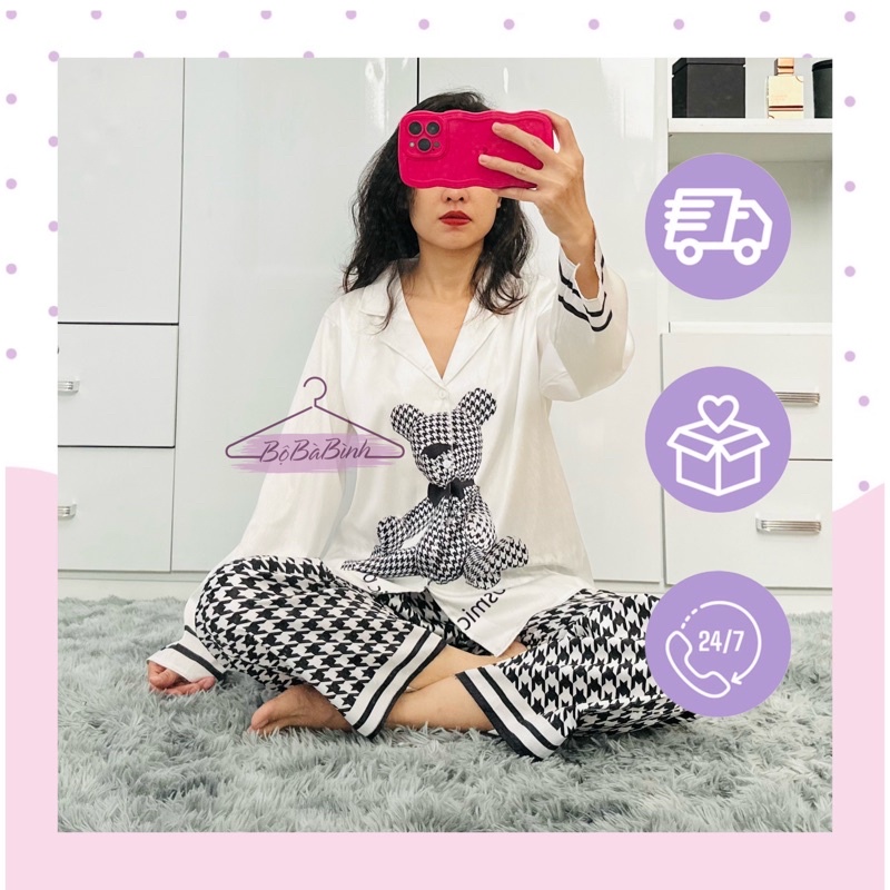 [Có Video - Lụa Xước Loại 2 - Tay Dài] Đồ bộ Piyama Nữ Mặc Nhà Dưới 60kg Mềm Mát Hoạ Tiết Gấu Trắng 