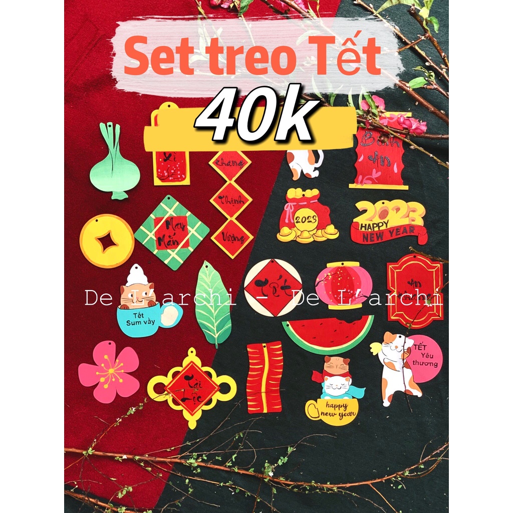 Set trang trí Tết 2023 bằng gỗ, treo cây Đào (Set 5 món)