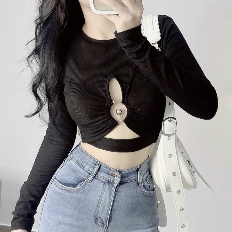 Áo kiểu thun gân phối khoen khoét ngực cổ tròn màu trơn tay dài sexy quyến rũ - Mã: 956 TV-FASHION