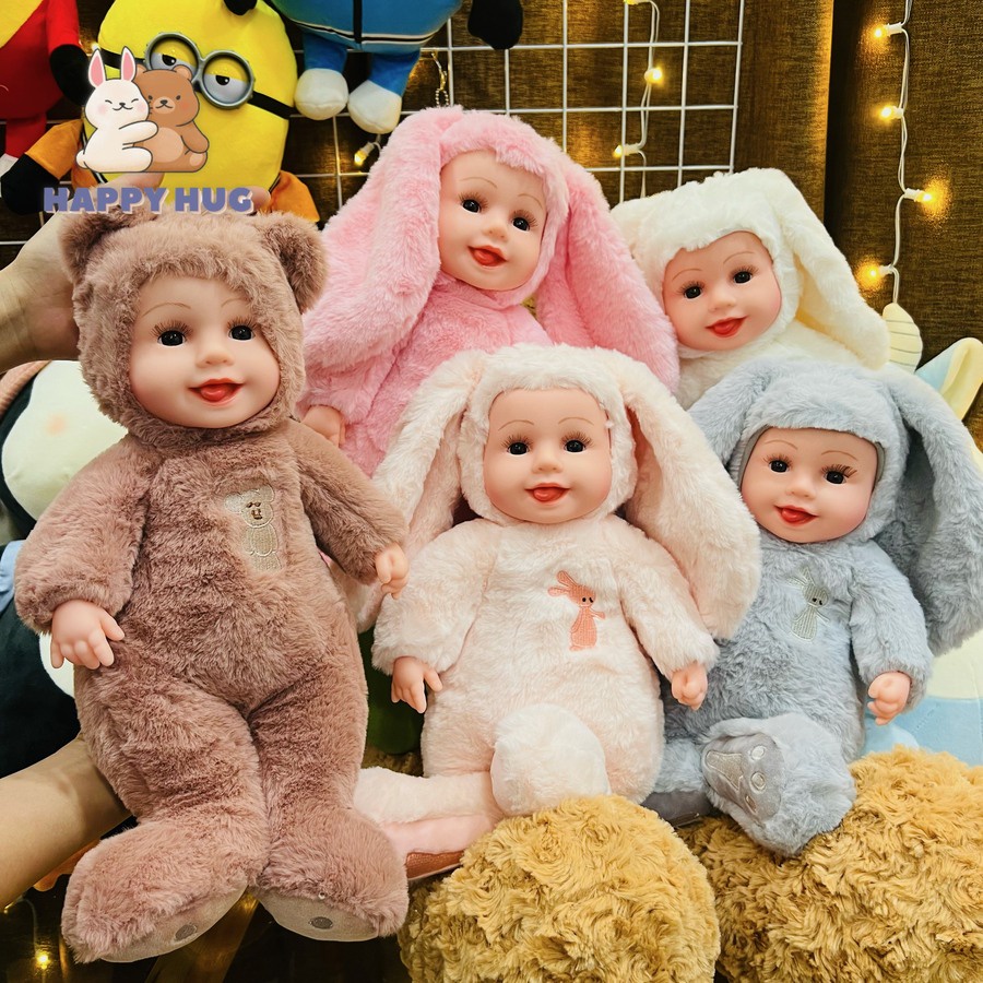 Búp bê em bé mặc áo mũ thỏ, gấu, gấu bông, đồ chơi quà tặng dành cho bé size 35cm - Happy Hug